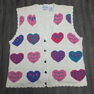 Vintage Northern Traditions Heart Patterned White Knit Vest